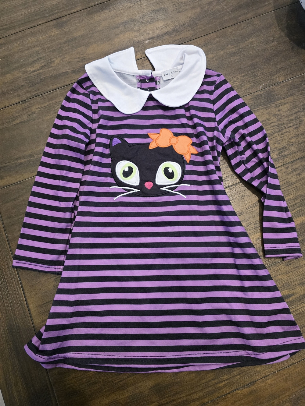 Kids Purple & Black Striped Cat Dress with White Collar